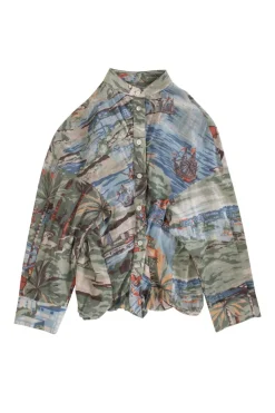 Green and blue boat print long-sleeved shirt with inner layer