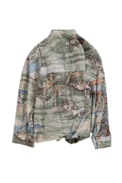 Green and blue boat print long-sleeved shirt with inner layer