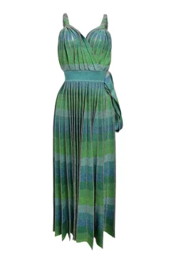 Green and blue viscose-blend striped glitter knit plissé knit wrap-effect A-line midi dress