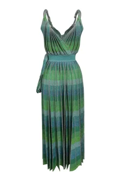 Green and blue viscose-blend striped glitter knit plissé knit wrap-effect A-line midi dress