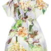 Green and lilac semi-sheer silk floral digi-print V-neck empire-waist mini dress with elasticated waistband