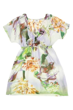 Green and lilac semi-sheer silk floral digi-print V-neck empire-waist mini dress with elasticated waistband