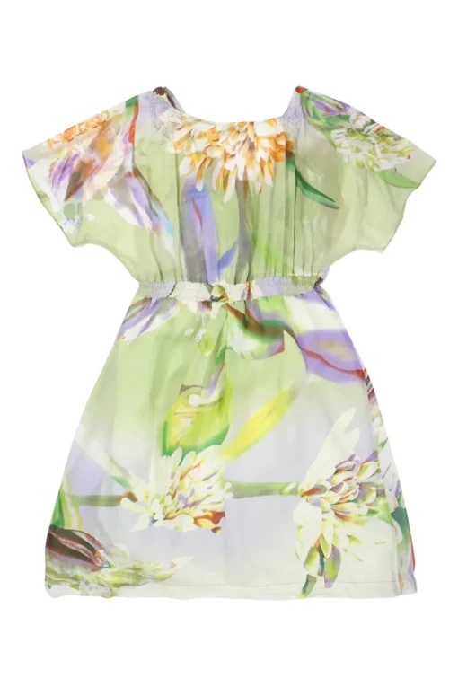 Green and lilac semi-sheer silk floral digi-print V-neck empire-waist mini dress with elasticated waistband