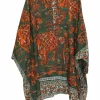 Green and orange cotton rhino print pullover swing-style classic collar half-button draped blouse