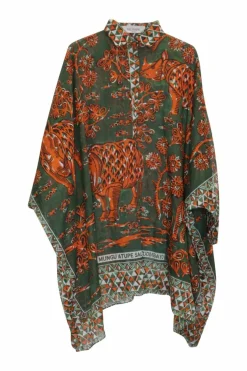 Green and orange cotton rhino print pullover swing-style classic collar half-button draped blouse