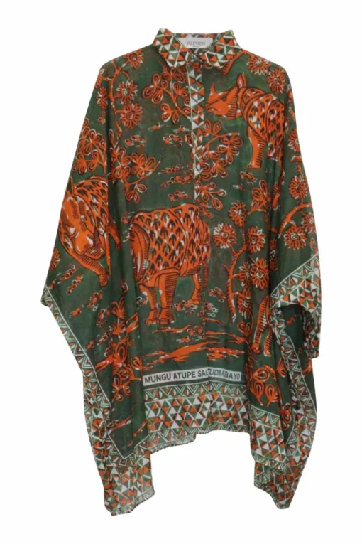 Green and orange cotton rhino print pullover swing-style classic collar half-button draped blouse