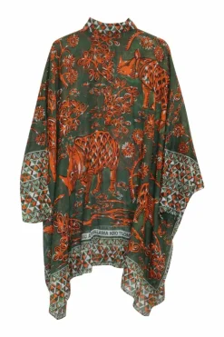 Green and orange cotton rhino print pullover swing-style classic collar half-button draped blouse