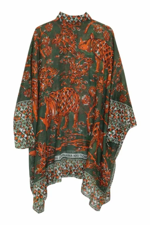 Green and orange cotton rhino print pullover swing-style classic collar half-button draped blouse