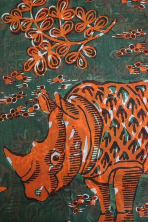 Green and orange cotton rhino print pullover swing-style classic collar half-button draped blouse