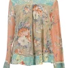 Green and orange cotton-silk blend paneled floral lace swing-style blouse with contrasting cutout edge trim appliqué