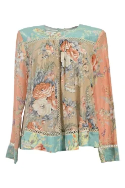 Green and orange cotton-silk blend paneled floral lace swing-style blouse with contrasting cutout edge trim appliqué