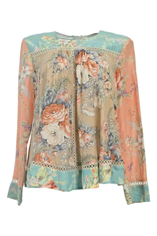 Green and orange cotton-silk blend paneled floral lace swing-style blouse with contrasting cutout edge trim appliqué