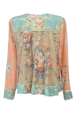 Green and orange cotton-silk blend paneled floral lace swing-style blouse with contrasting cutout edge trim appliqué