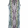 Green and plum viscose python jacquard knit pullover tank dress with keyhole back
