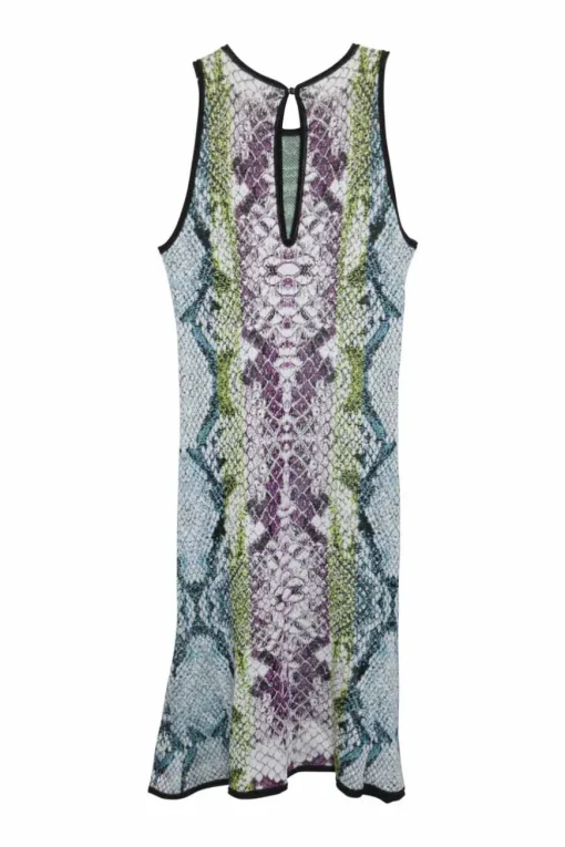 Green and plum viscose python jacquard knit pullover tank dress with keyhole back