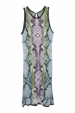 Green and plum viscose python jacquard knit pullover tank dress with keyhole back