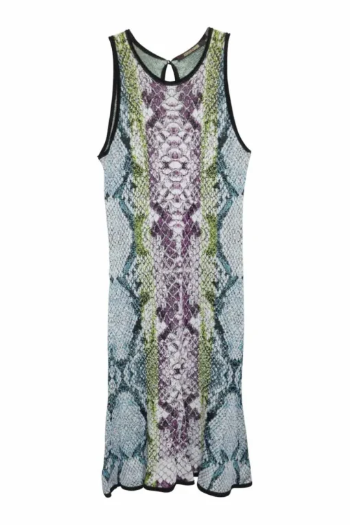 Green and plum viscose python jacquard knit pullover tank dress with keyhole back