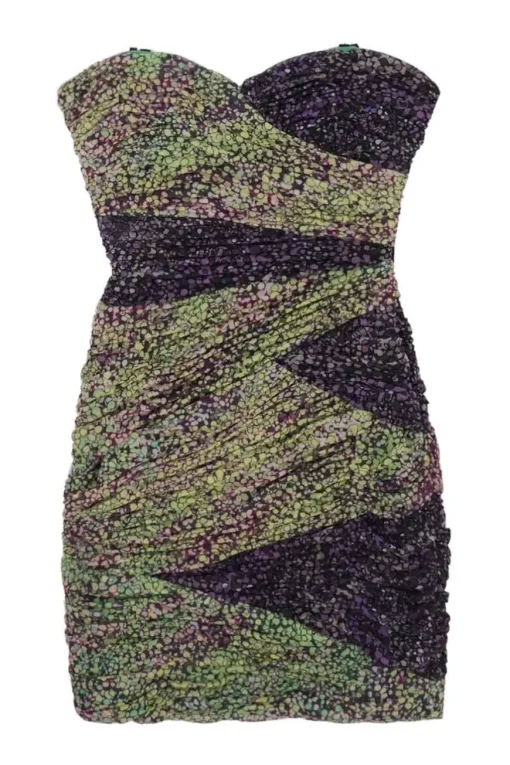 Green and purple draped nylon-blend abstract dot print strapless bustier sheath dress