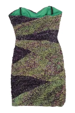 Green and purple draped nylon-blend abstract dot print strapless bustier sheath dress