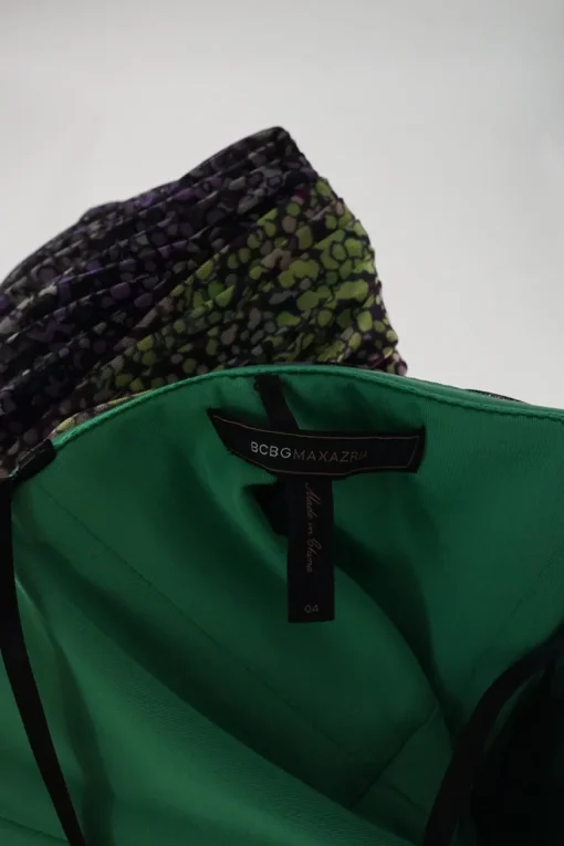 Green and purple draped nylon-blend abstract dot print strapless bustier sheath dress