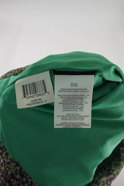 Green and purple draped nylon-blend abstract dot print strapless bustier sheath dress