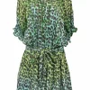 Green bias-cut draped cotton leopard print ruffle collar half-button tie-waist blouson mini dress with dolman sleeves
