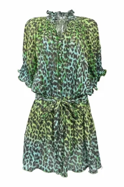 Green bias-cut draped cotton leopard print ruffle collar half-button tie-waist blouson mini dress with dolman sleeves