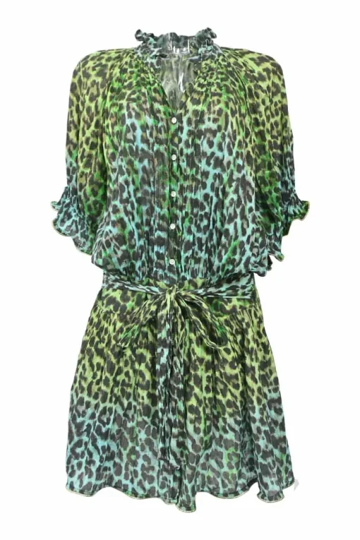 Green bias-cut draped cotton leopard print ruffle collar half-button tie-waist blouson mini dress with dolman sleeves