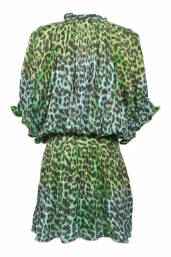 Green bias-cut draped cotton leopard print ruffle collar half-button tie-waist blouson mini dress with dolman sleeves