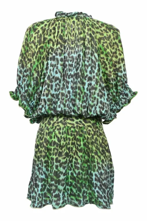 Green bias-cut draped cotton leopard print ruffle collar half-button tie-waist blouson mini dress with dolman sleeves