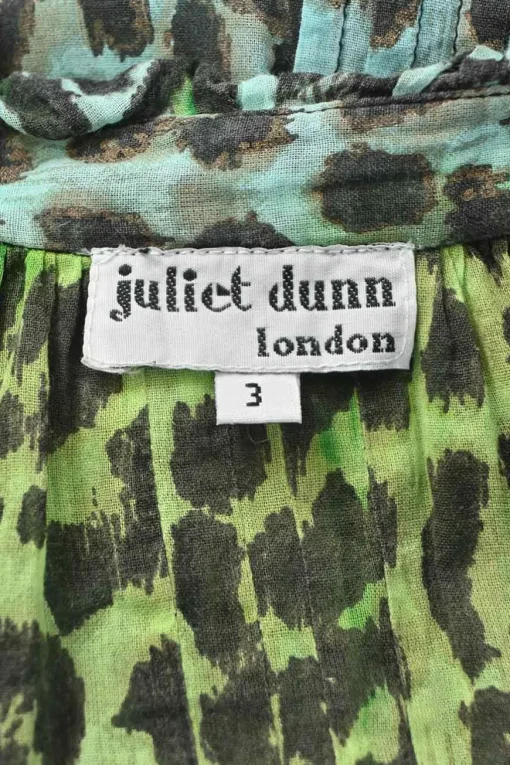 Green bias-cut draped cotton leopard print ruffle collar half-button tie-waist blouson mini dress with dolman sleeves