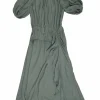 Green bias-cut viscose tie-neck keyhole front gathered puff sleeve A-line dress with cascade ruffle trim