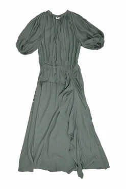 Green bias-cut viscose tie-neck keyhole front gathered puff sleeve A-line dress with cascade ruffle trim