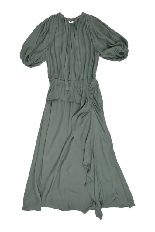 Green bias-cut viscose tie-neck keyhole front gathered puff sleeve A-line dress with cascade ruffle trim