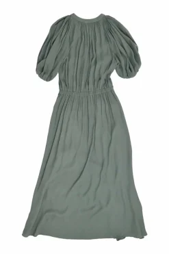 Green bias-cut viscose tie-neck keyhole front gathered puff sleeve A-line dress with cascade ruffle trim