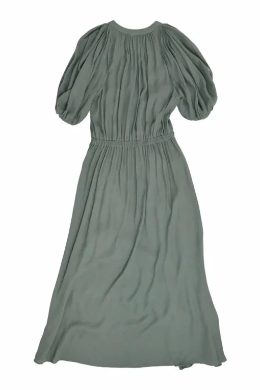 Green bias-cut viscose tie-neck keyhole front gathered puff sleeve A-line dress with cascade ruffle trim