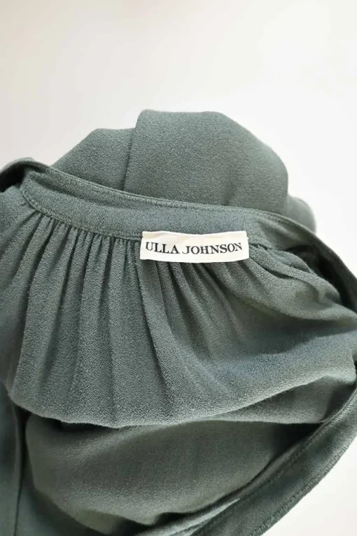 Green bias-cut viscose tie-neck keyhole front gathered puff sleeve A-line dress with cascade ruffle trim