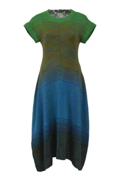 Green bias-cut wool-blend scultped stripe jersey knit cap sleeve midi dress with handkerchief hem