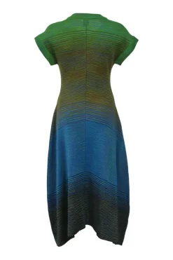 Green bias-cut wool-blend scultped stripe jersey knit cap sleeve midi dress with handkerchief hem