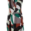 Green, brown, white multi patterned sleeveless top with corset style waist belt