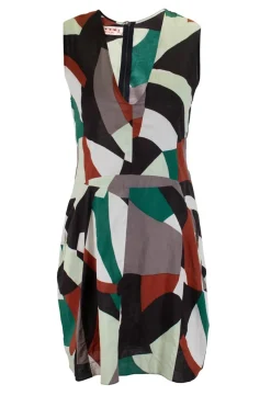 Green, brown, white multi patterned sleeveless top with corset style waist belt