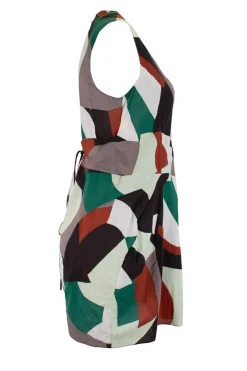 Green, brown, white multi patterned sleeveless top with corset style waist belt