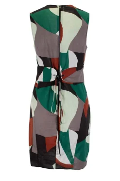 Green, brown, white multi patterned sleeveless top with corset style waist belt