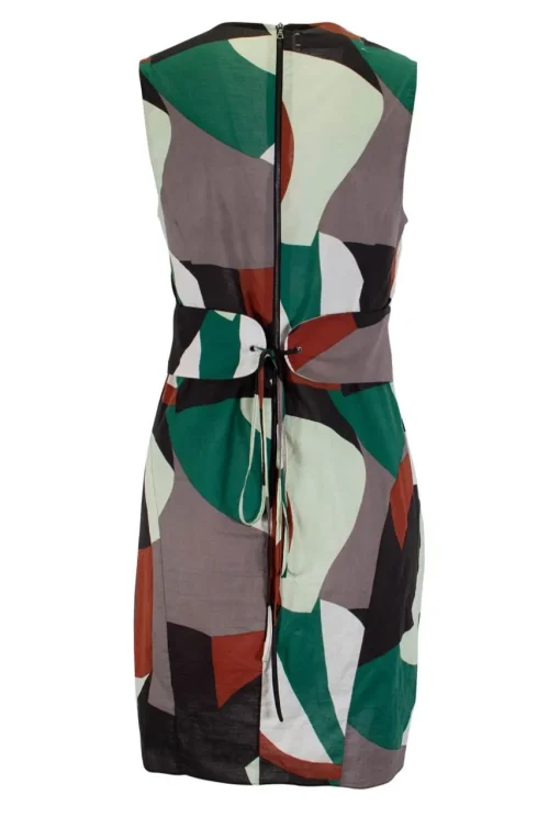 Green, brown, white multi patterned sleeveless top with corset style waist belt