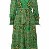 Green cotton abstract print square-neck tie-waist A-line sun dress