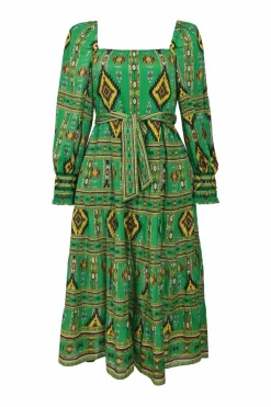 Green cotton abstract print square-neck tie-waist A-line sun dress