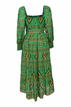 Green cotton abstract print square-neck tie-waist A-line sun dress