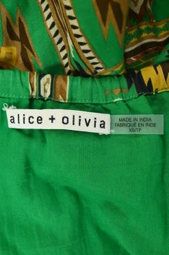 Green cotton abstract print square-neck tie-waist A-line sun dress