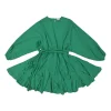 Green cotton poplin Ella bishop sleeve dress with braided rope belt and godet skirt inserts