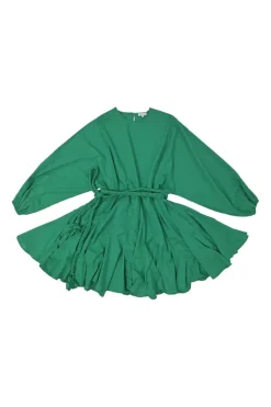 Green cotton poplin Ella bishop sleeve dress with braided rope belt and godet skirt inserts